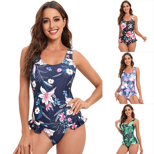 One-piece slim-fit sexy small ruffle-edge swimsuit women's belly-covering printed bikini Xingcheng swimwear