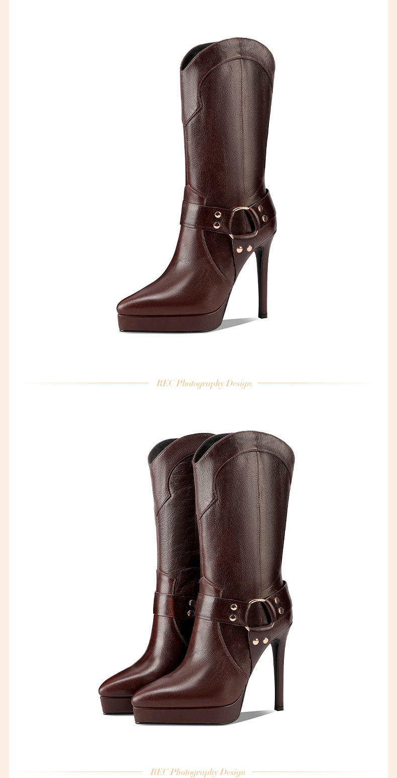 Boot nữ cổ cao ôm bắp chân mũi nhọn da thật, gót platform 10 cm, phong cách retro châu Âu — Lớp lót đơn màu trắng 10cm chi tiết 6