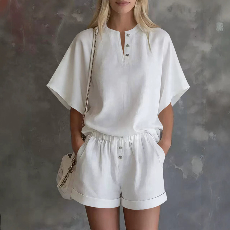 2026 AliExpress Shein European and American cross-border casual stand-up collar half-button top and elastic waist shorts two-piece set 2026 AliExpress Shein European and American cross-border casual stand-up collar half-button top and elastic waist shorts two-piece set