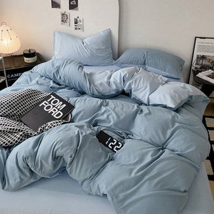 Ins Nordic Style Solid Color Mix Bed Sheet Quilt Cover Four-Piece Set Hotel Bedding Student Dormitory Bed Cover Three-Piece Set