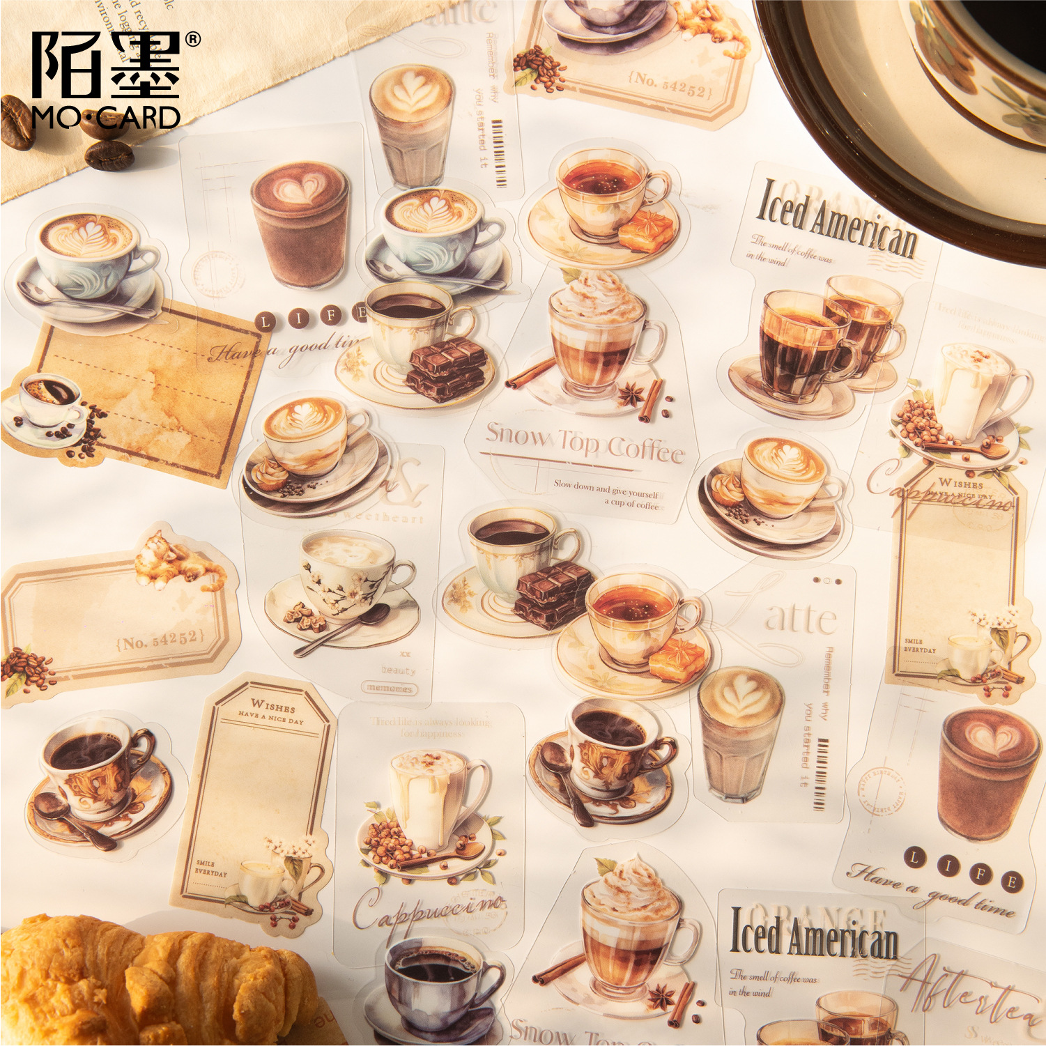 Boleto de pegatina de tinta blanca Mo Mo PET, taza de café, serie de tiempo, etiqueta decorativa de bricolaje de cuenta de sal retro ligera