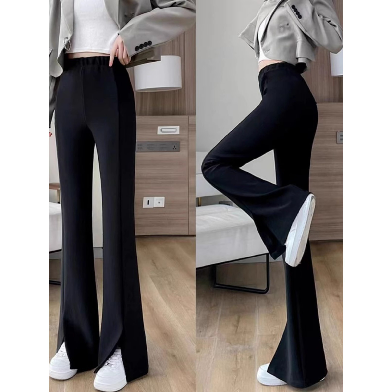 New Micro-horn Split Pants Women's High Waist Dipped Casual Pants Slim-fit Slimming Fashionable Black Trousers A3455
