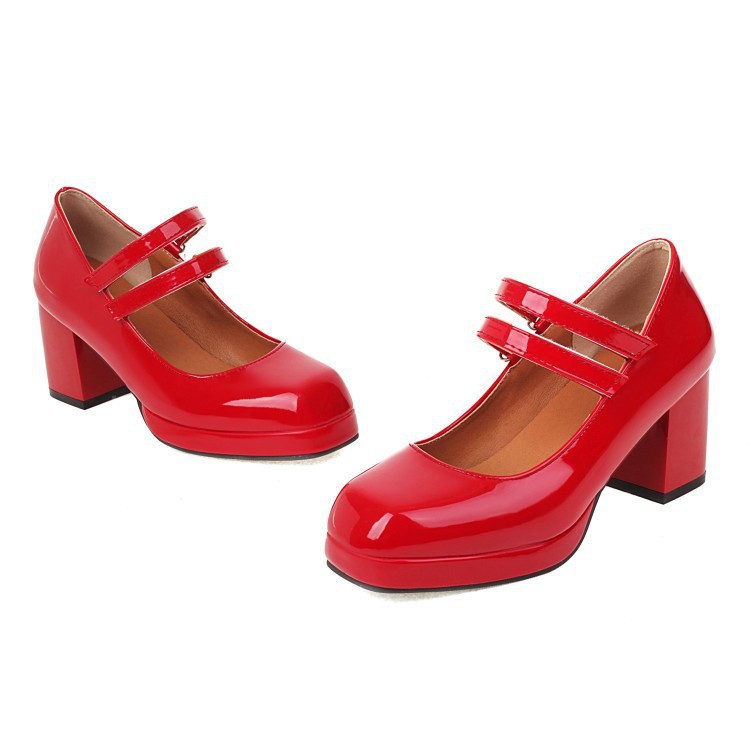 Square head Velcro double buckle solid color waterproof platform chunky heels_voghion.com