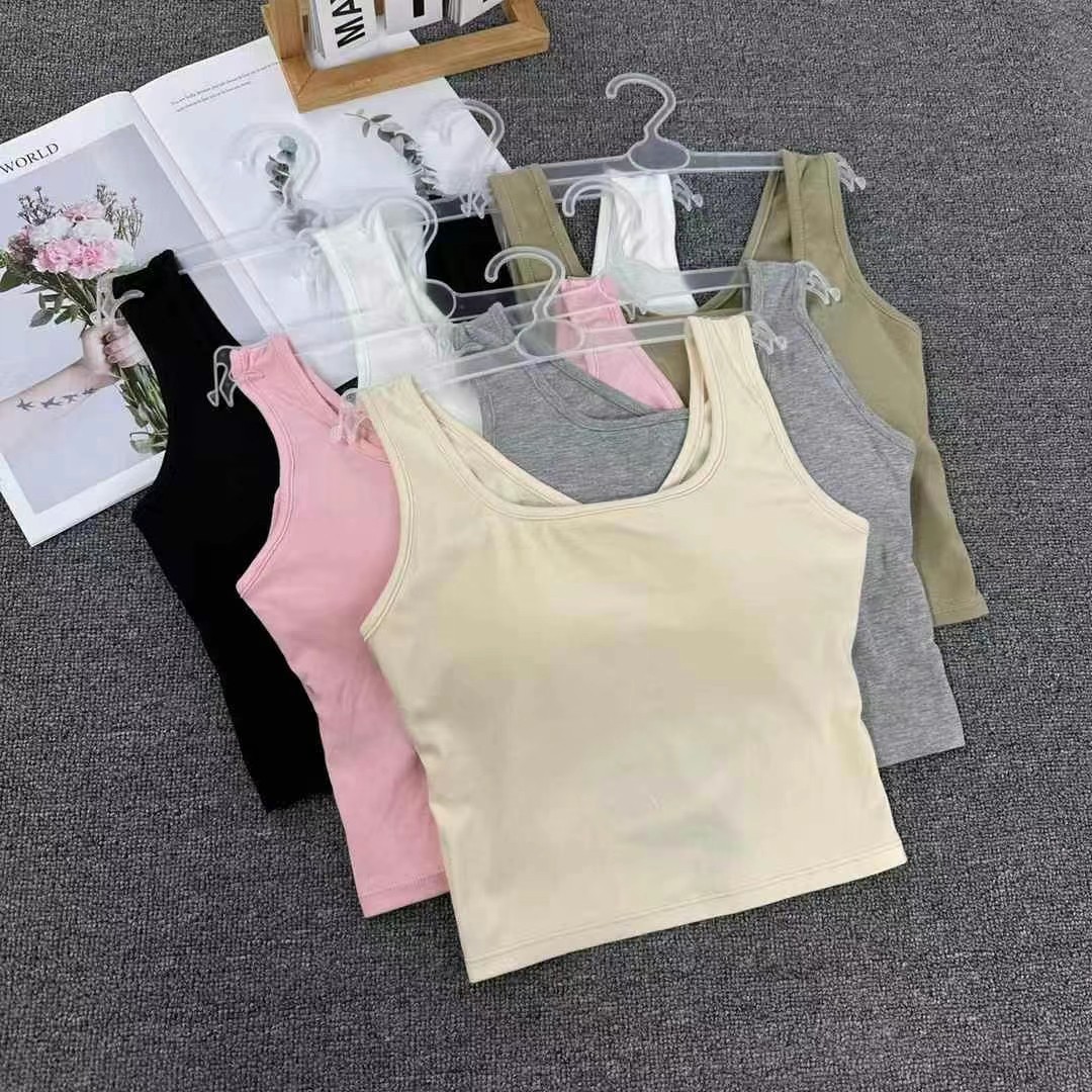 8806 hermosa espalda corta con almohadilla para el pecho, camisola, ropa de verano para mujer, yoga deportivo, base para cubrir los senos