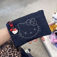 新款化妆包牛仔布深蓝色KT猫烫钻零钱包卡包耳机包百元大钞收纳包