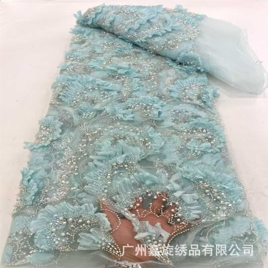 Capas de sensación con flores industria pesada esquinilla de perlas de encaje de tubo de perlas vestido de boda francés tela de encaje francés
