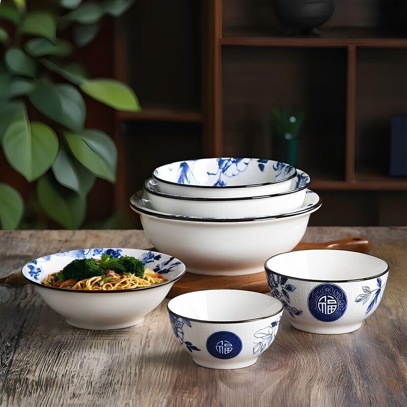 Ceramic Bowl Household Dishware Set, Dinner Plates, Rice Bowls, Instant Noodle Bowls, Soup Bowls, Underglaze Colored Microwave Bowls