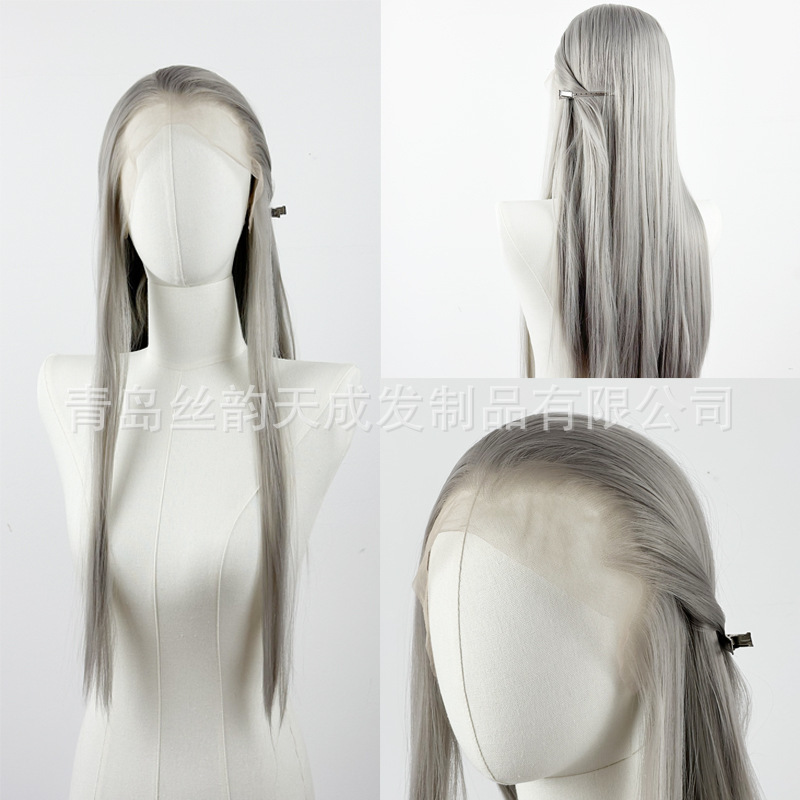 跨境新品13x4大蕾丝假发三尖高层次中长发鲻鱼头银灰色美人尖|undefined
