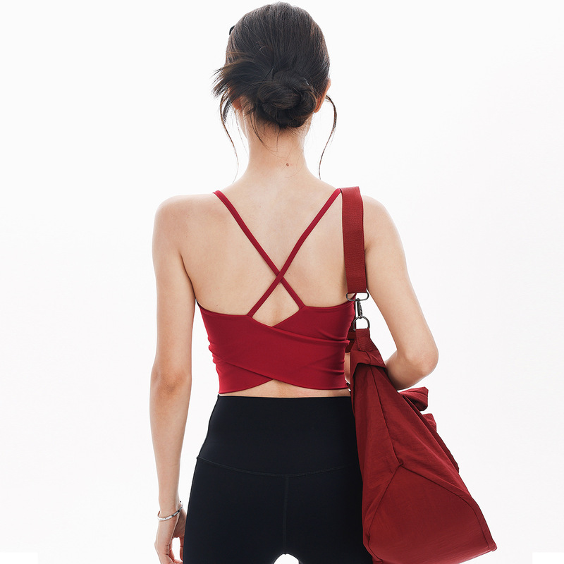 Fixed Chest Pad, Spaghetti Straps, Anti-Sagging Yoga Back Vest, Fitness Sports Bra