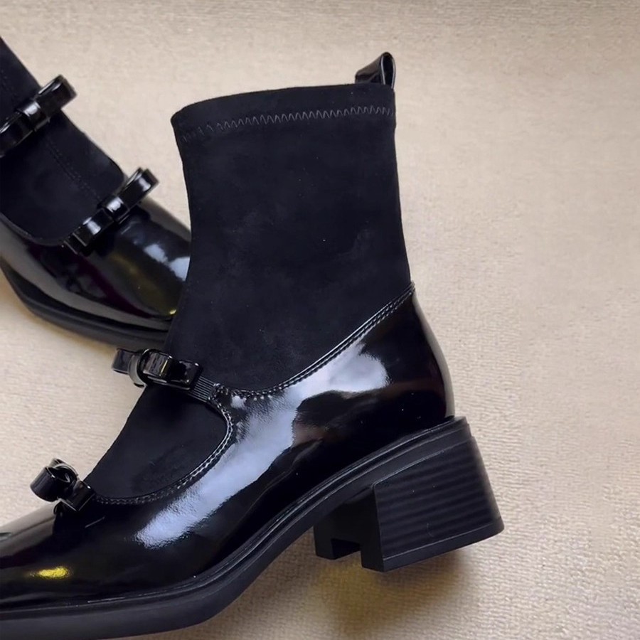 Weiche Lederversion ~ Quadratische Zehenpartie, Retro-Schleife, elastischer, schmaler Patchwork-Mary-Jane-Socken-Stiefel mit klobigem Absatz für schlankmachende Figur_voghion.com