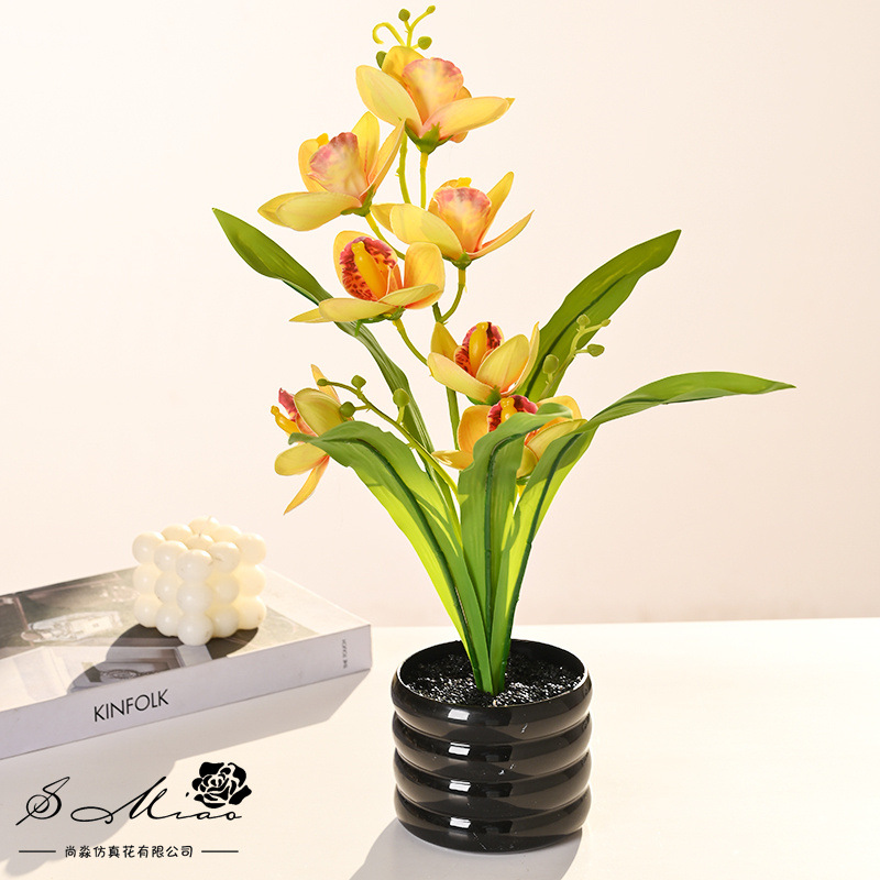 Planta en Maceta de Orquídea Cymbidium Artificial de 7 Cabezas de Seda para Oficina y Sala de Estar