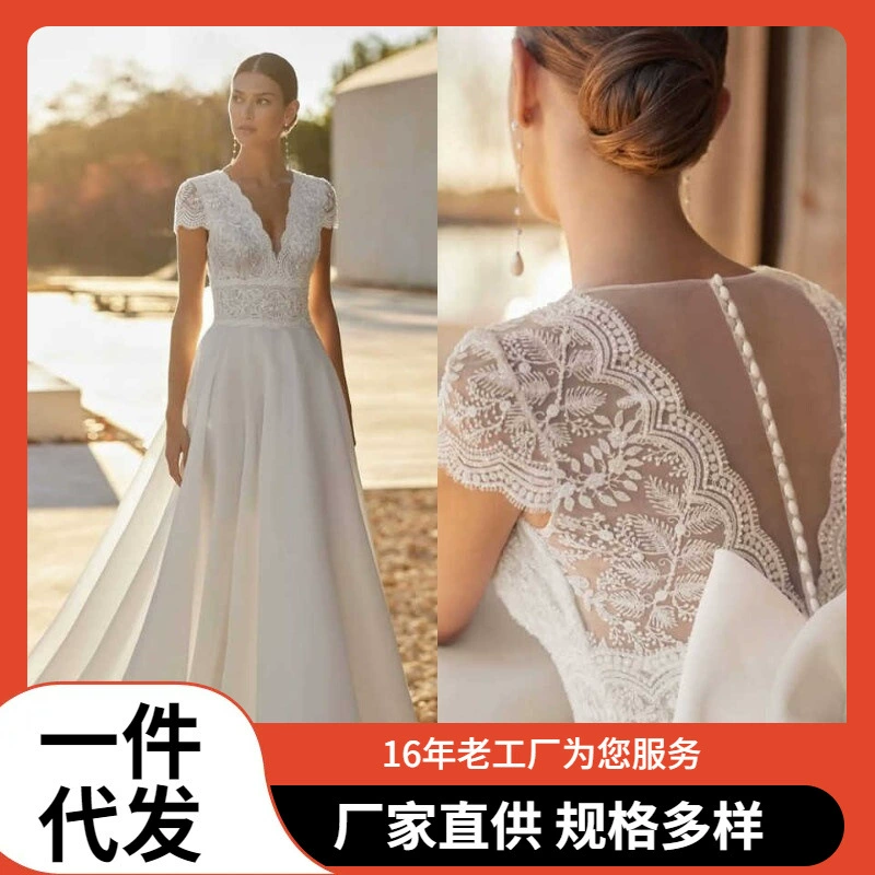 2025 новое элегантное длинное кружевное свадебное платье с короткими рукавами и шифоновым подолом на пуговицах для женщин