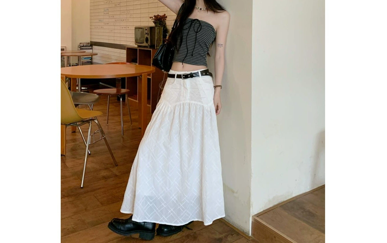 Белая женская юбка трехмерного клетчатого кроя, новый модный дизайн, высокая талия, утягивающая, длинная юбка с большим подолом