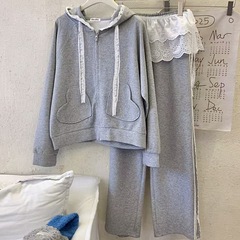 韩国东大门蕾丝花边连帽长袖拉链开衫卫衣外套长裤女2025秋季新款