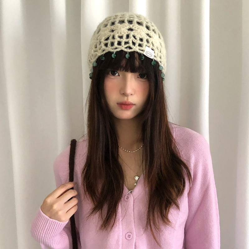 波西米亚风手工钩织包头帽女镂空圆珠流苏针织帽薄款民族风帽子潮|undefined