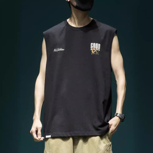 Chinese Style Embroidered Heavy-weight Pure Cotton Vest Men's Loose plus size Sports Fitness American Style Waistcoat Trendy Brand Sleeveless T-shirt