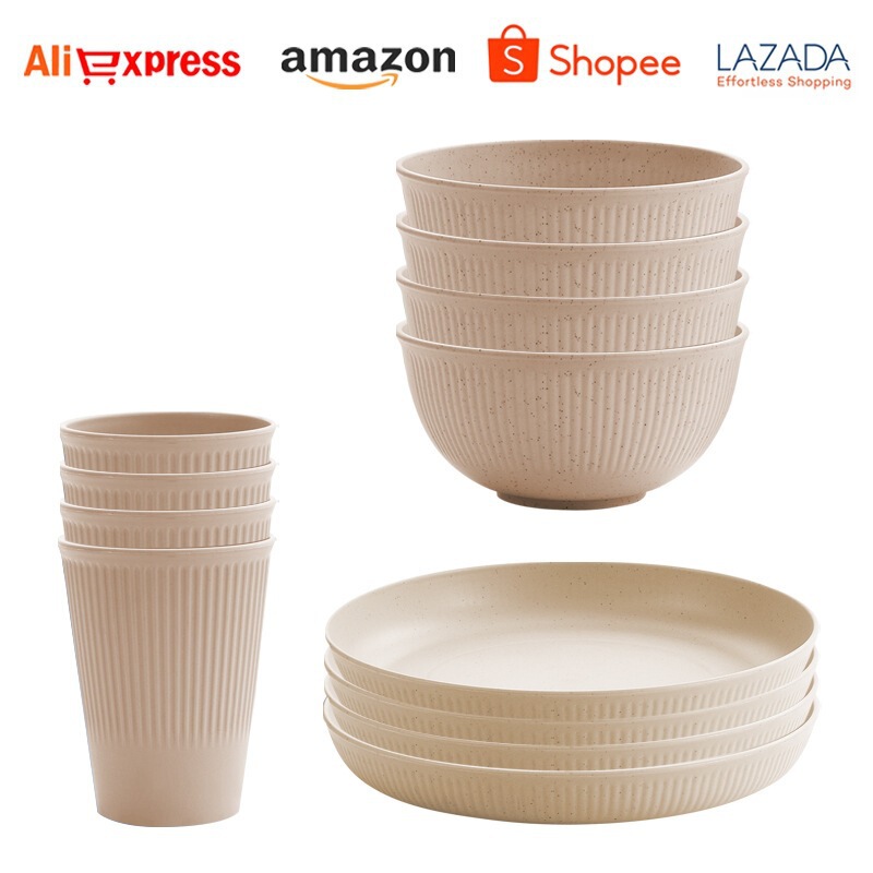 Cross-Border Temu Popular Wheat Straw Dinner Plate Salad Bowl Cup 18-Piece Set Household Cup Bowl Plate Tableware Set Cross-Border Temu Popular Wheat Straw Dinner Plate Salad Bowl Cup 18-Piece Set Household Cup Bowl Plate Tableware Set