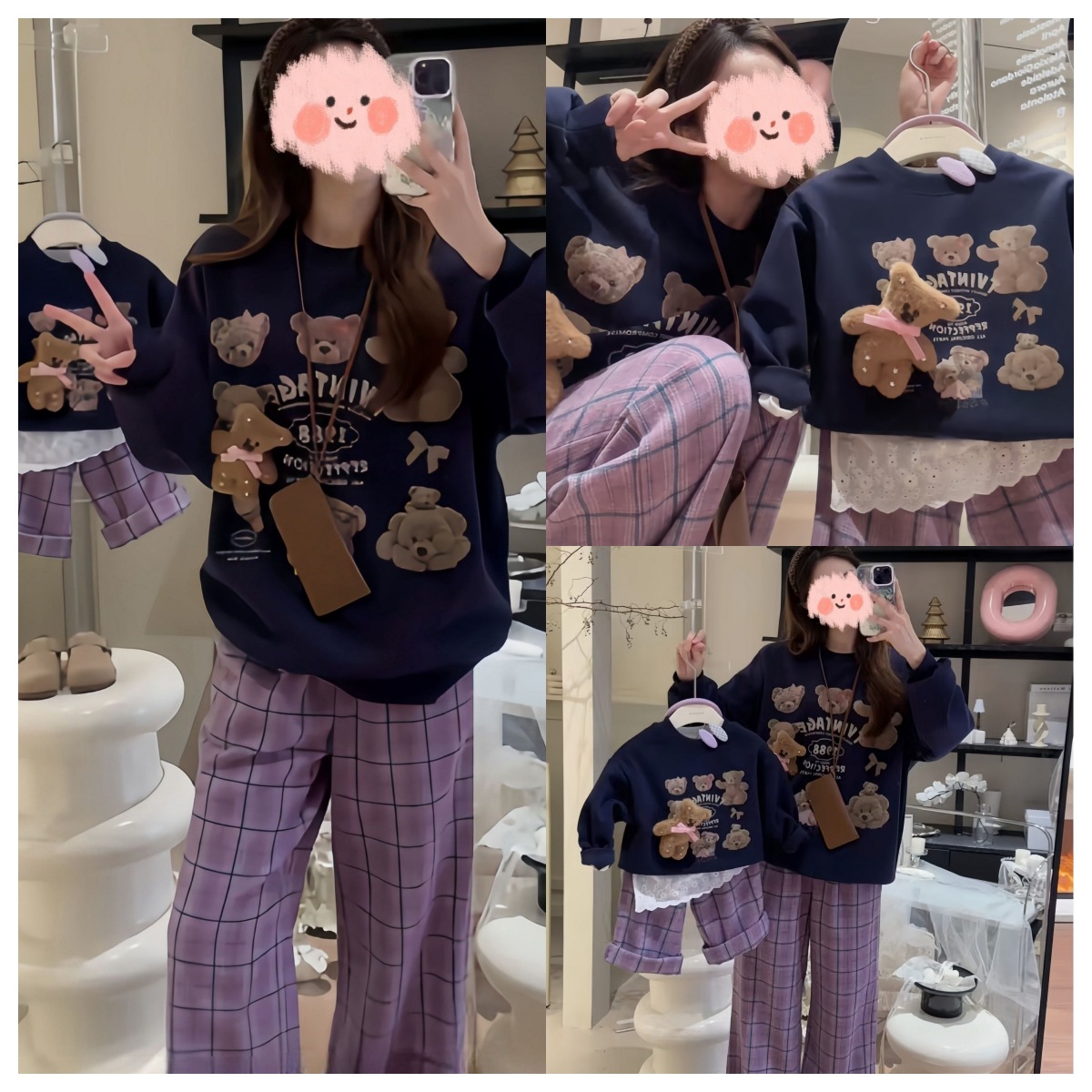 2024 Autumn Korean Style Mother-Daughter Outfit: Bear Print Crew Neck Sweatshirt and Purple Wide-Leg Plaid Pants