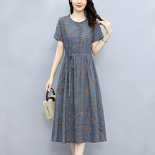 小碎花棉麻连衣裙中长款女夏季新款收腰显瘦印花宽松休闲短袖裙子