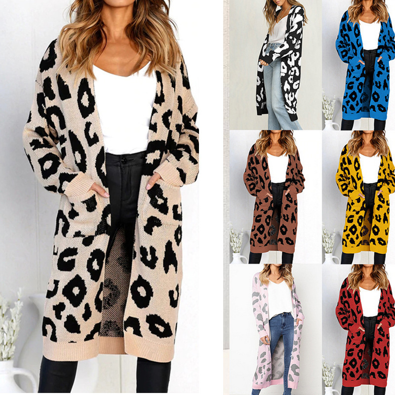 Women's Clothing leopard print sweater loose mid length knitted cardigan top one piece drop shipping_voghion.com