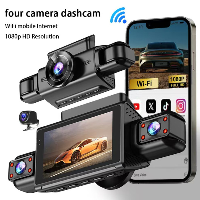 Cross-border Amazon best-selling car DVR, ultra-clear 4K front and rear triple recording, 4-channel wifi mobile phone connected dashcam
