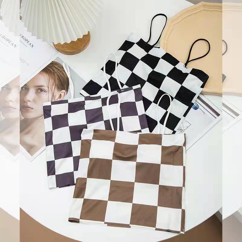 Nuevo estilo rojo neto espalda sin anillo de acero envuelto pecho chaleco Placa de ajedrez Plaid correa interior tubo superior bottoming chaleco ropa interior para mujeres