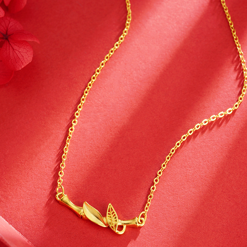 Nueva junta de bambú collar de oro de arena hoja de bambú con incrustaciones de diamantes artificiales de aleación de cobre accesorios de estilo chino Cadena de clavícula todo partido transmisión en vivo