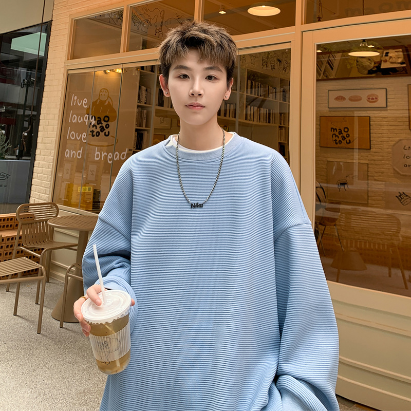 Two-Piece Spliced Blue Pullover Sweats Men, Autumn Plus Size, Loose Fit For Big And Tall, Youth Long Sleeve_voghion.com