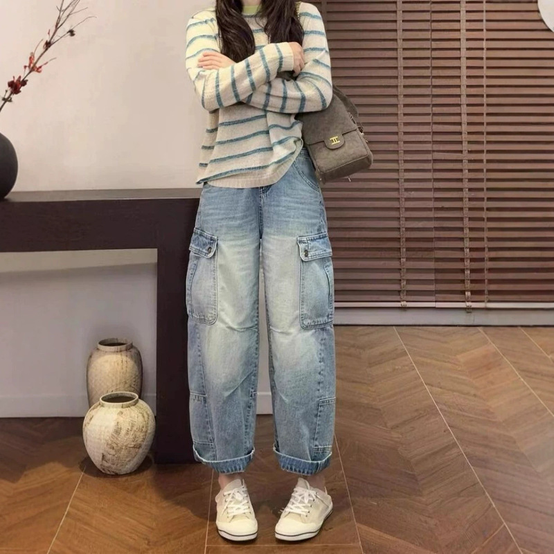 Workwear Denim Jeans for Women, Summer 2026 New Style, Plus Size, Slimming for Petite Figures, Cropped Wide-Leg Straight Pants