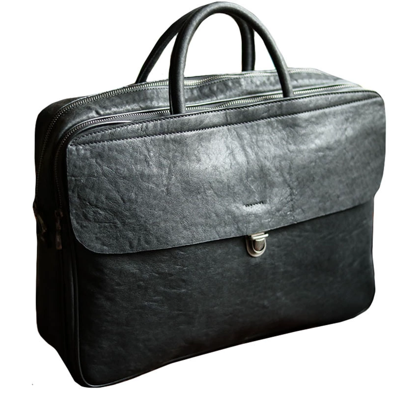 Elite black handheld capacious laptop for documents, genuine leather, business version