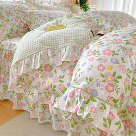 全棉2韩版全棉印花系列四件套 1.2床单三件套定制被套床裙枕套全