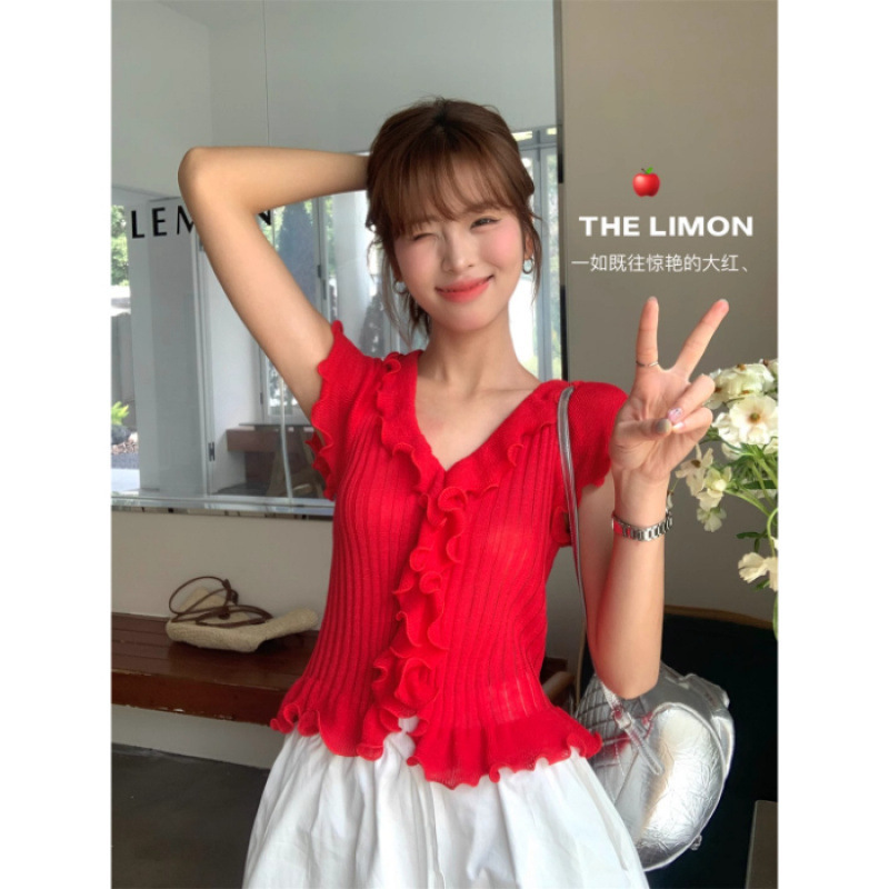 THE LEMON レモングリーンティー 2025 夏 フレンチマルチカラー キノコスリムニットセータートップス|undefined