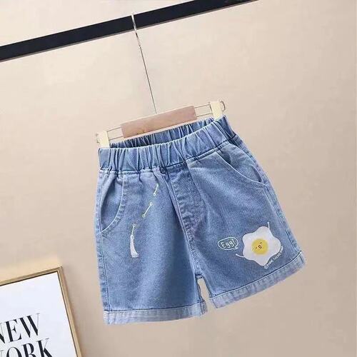 Girls' denim shorts 2024 new style fashionable children's high-waisted ripped pants for older kids and teenagers, thin wide-leg pants for girls