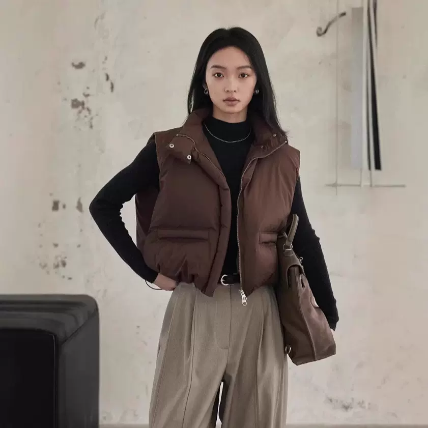 韩系复古羽绒马甲2024秋冬新款时尚设计感小个子立领短款背心外套