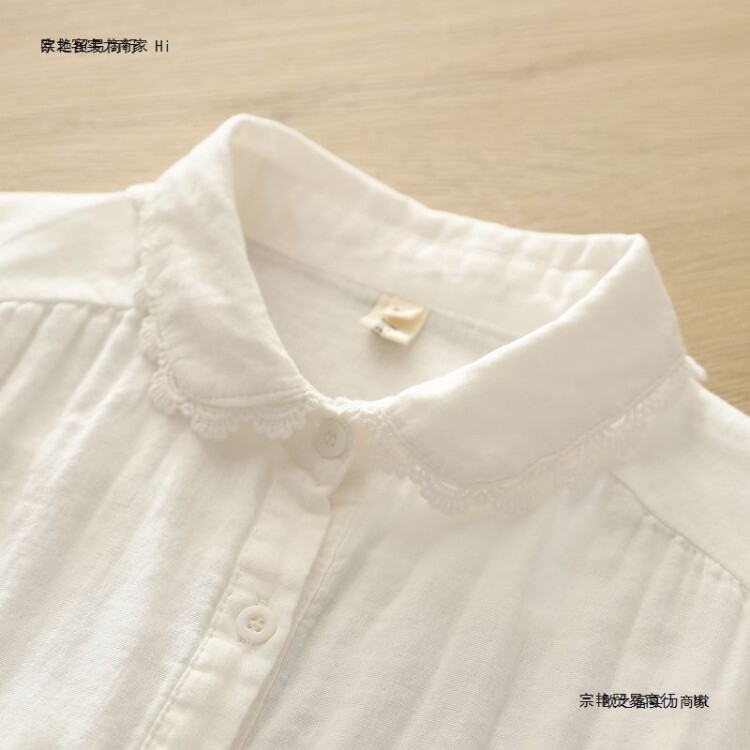 Double-layer cotton gauze long-sleeve shirt for women, fresh and simple, suitable for spring and autumn, versatile lace floral artistic blend cotton soft white shirt Double-layer cotton gauze long-sleeve shirt for women, fresh and simple, suitable for spring and autumn, versatile lace floral artistic blend cotton soft white shirt