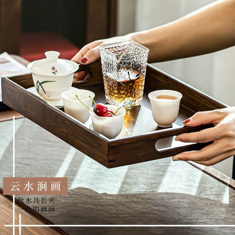 高级托盘竹木质长方形家用放茶水杯盘咖啡杯器具餐盘酒店收纳托盘|undefined