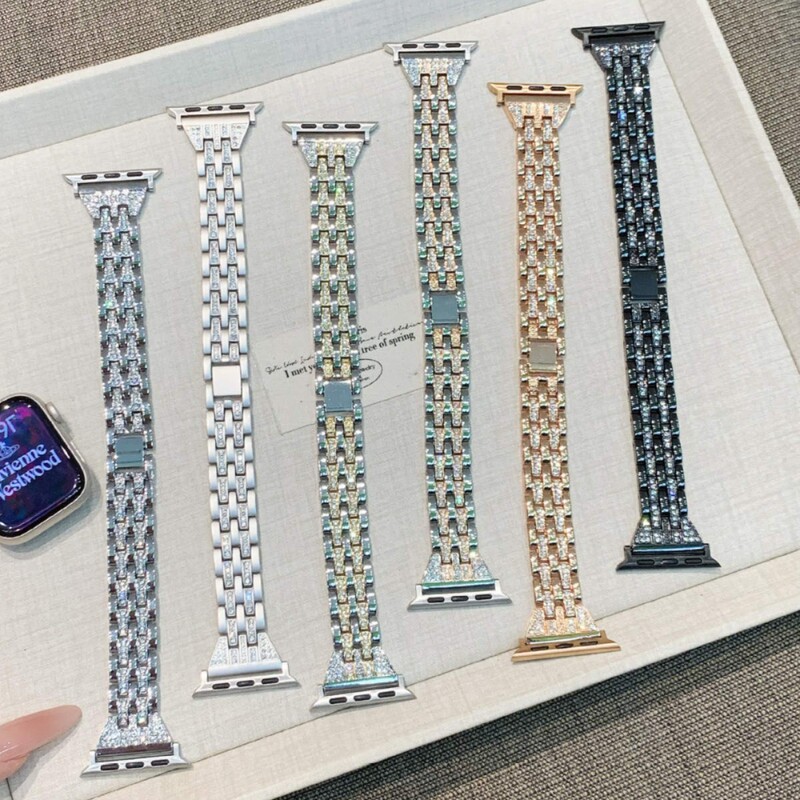 Gold-Plated Metal Watch Band with Sparkling Diamonds Suitable for Apple Watch Iwatch11 Generation 10/98Ultrase