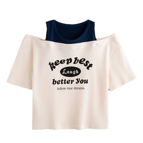 2025 Summer Fashion Off-Shoulder T-Shirt for Women, Korean-Style Loose-Fit Base Top; European & American-Style Loose-Fit Faux Two-Piece Top with Letter Print