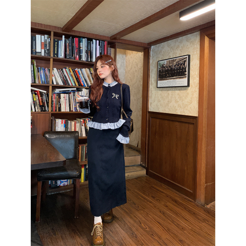 学院风小众假两件蝴蝶结长袖毛衣女装秋季宽松显瘦短款针织衫上衣|undefined
