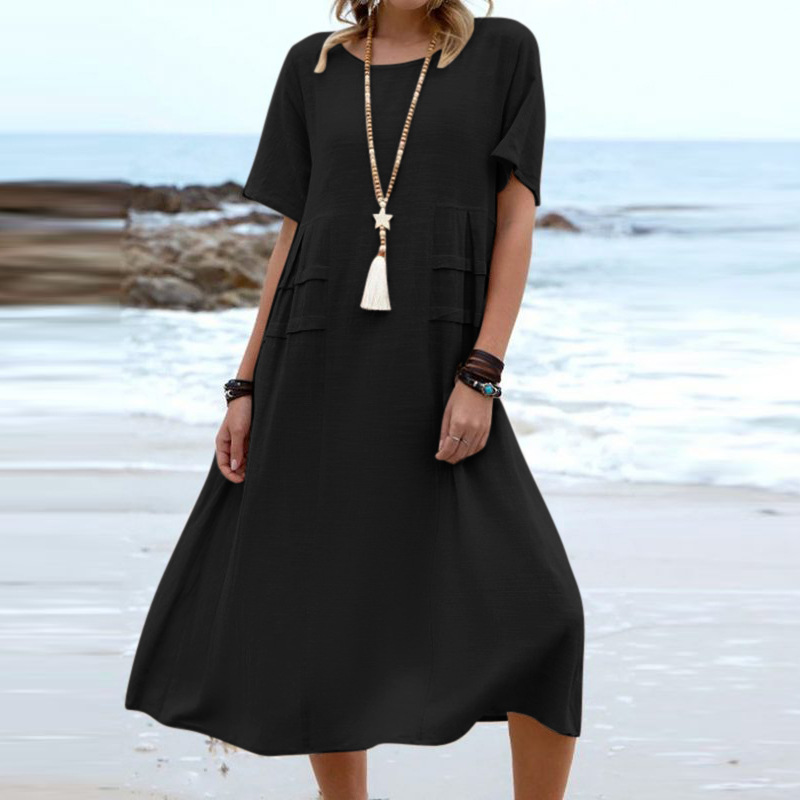 Robe d'été décontractée pour femme, coupe ample, col rond, manches courtes, longueur mi-longue, en coton et lin, couleur unie_voghion.com