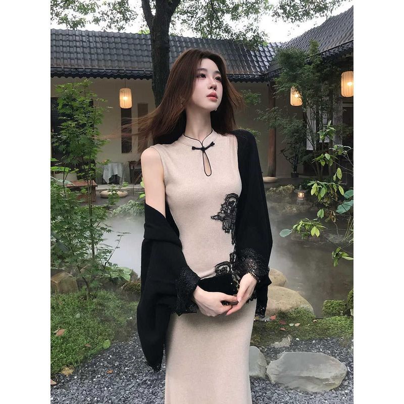 2025初秋新款新中式无袖旗袍针织高级感连衣裙长裙开衫两件套套装|undefined