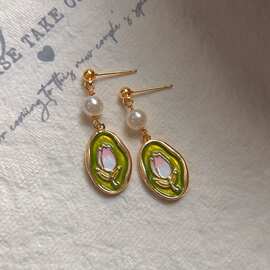 vintage中古风法式复古艺术油画风耳钉珐琅滴釉质感郁金香镀耳饰