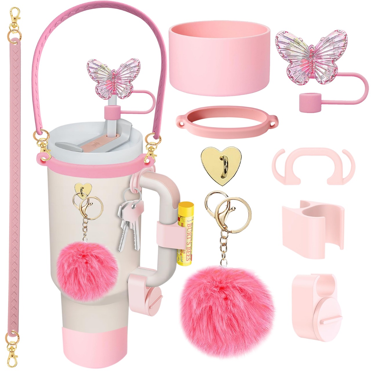 Accesorios de taza Stanley colgante de cuerda de mano flor de silicona gorra de paja de peluche colgante de taza cadena de taza de color cubierta de taza
