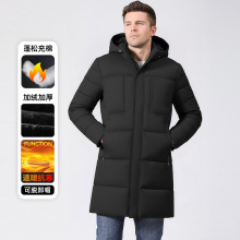 跨境男士加绒棉服2024秋冬季新款中年商务休闲中长款加厚连帽棉袄