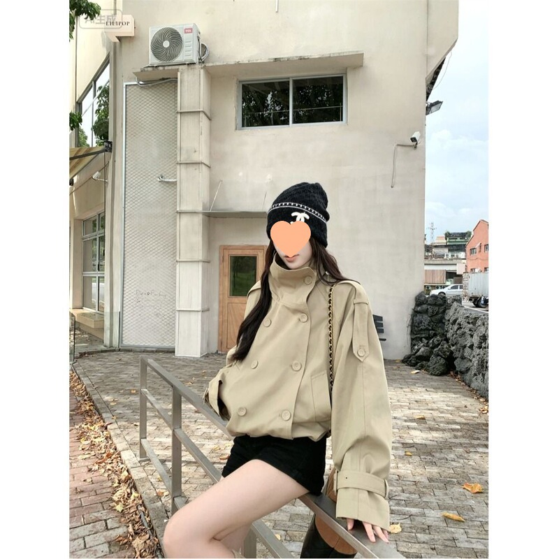 韩系新款英伦风气质立领风衣外套女秋季双排扣卡其色宽松百搭上衣|undefined