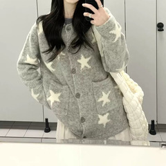 灰色毛衣外套女宽松慵懒风厚款长袖秋冬韩版设计感翻领针织开衫女
