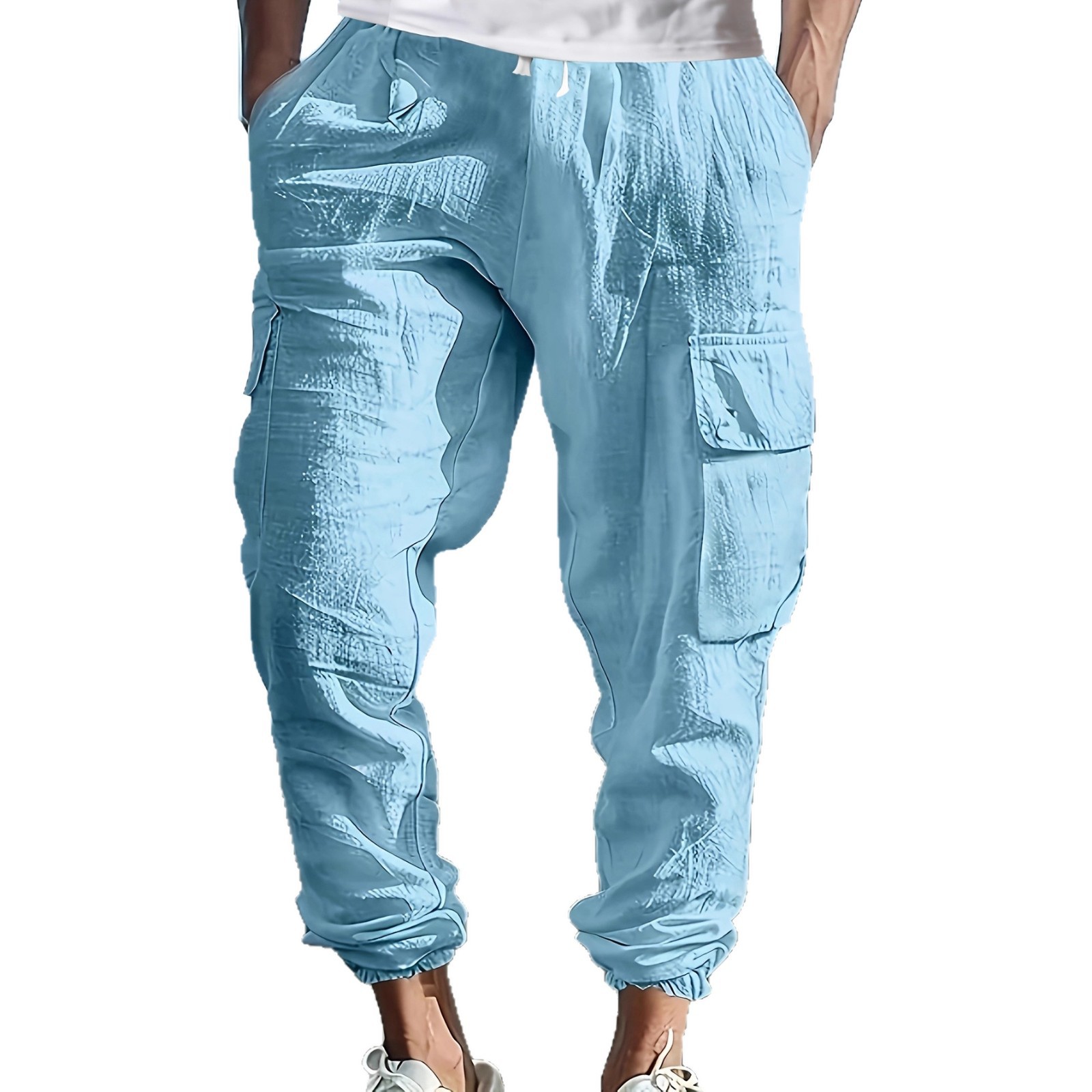 Men's Linen-Cotton Casual Jogger Pants, Relaxed Fit Drawstring Multi-Pocket Trousers For Autumn_viptrois.com
