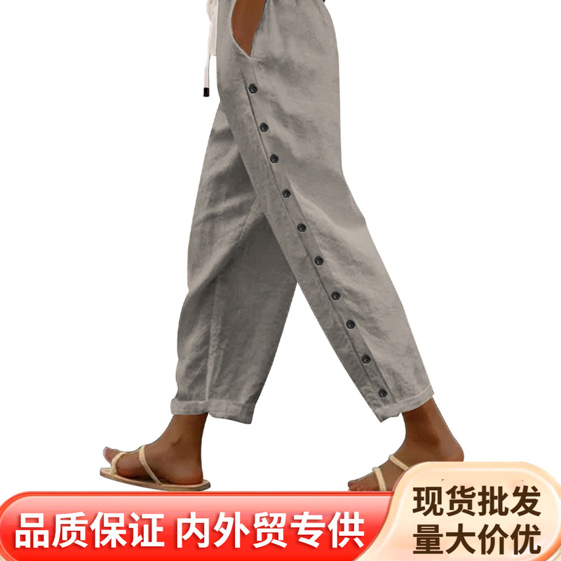 Cross-Border 2025 Spring and Summer European and American Amazon Wish Export New Casual Splicing Button Nine-Point Pants for Women Wholesale