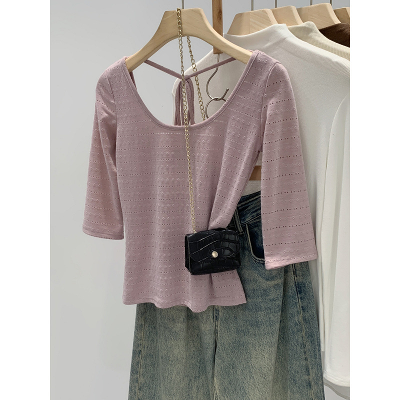Beautiful Korean-Style Backless Tie-Up U-Neck Half-Sleeve T-Shirt, Summer 2026 New Model, Sexy Mature Style, Mid-Sleeve Top