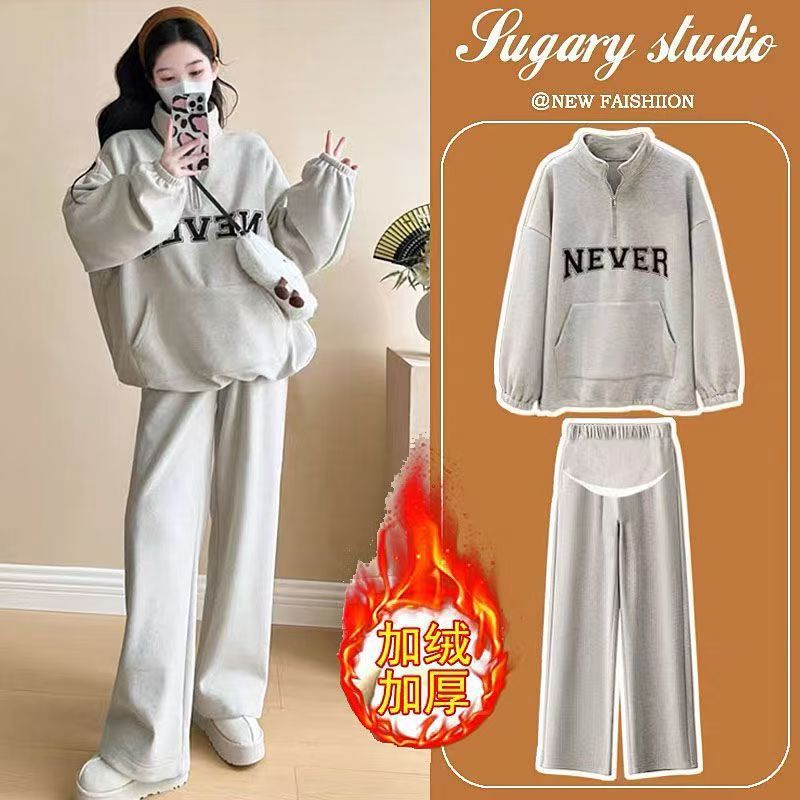 Maternity Wear Winter Velvet Two-Piece Warm New Suit Fashionable and Young and Beautiful Casual Belly-Covering Outer Wear